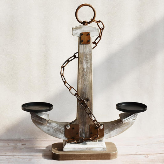 Wooden Anchor Candle Holder Coastal Decor Lake House Decor, Vintage Home Decor Candle Stand Table Centerpiece Candle Holder for 2 Candles, Nautical Decor Beach Decor Large Candles Stand