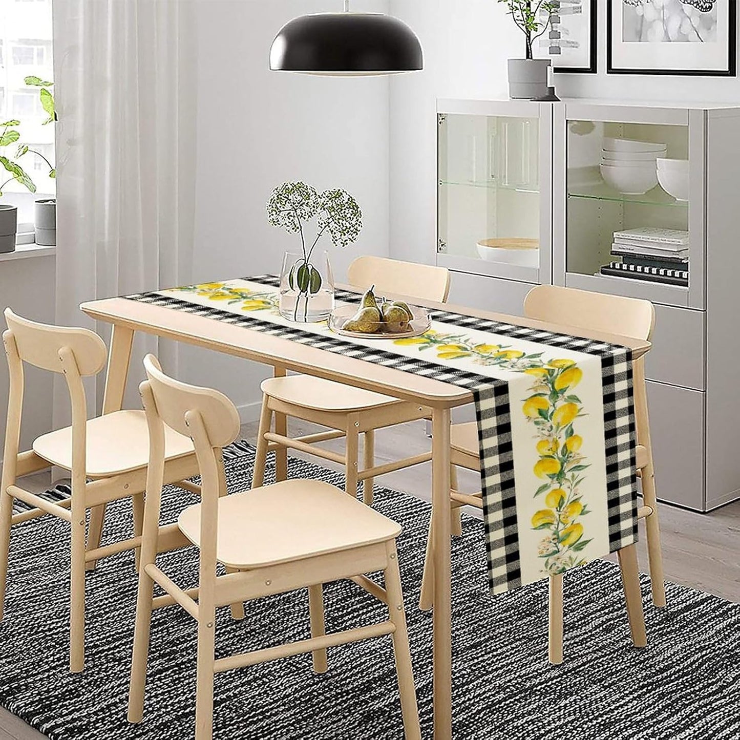 Lemon Table Runner,Black Buffalo Plaid Lemon Table Runner Farmhouse Style Spring Summer Home Kitchen Dinding Room Table Decoration 13x120 Inch