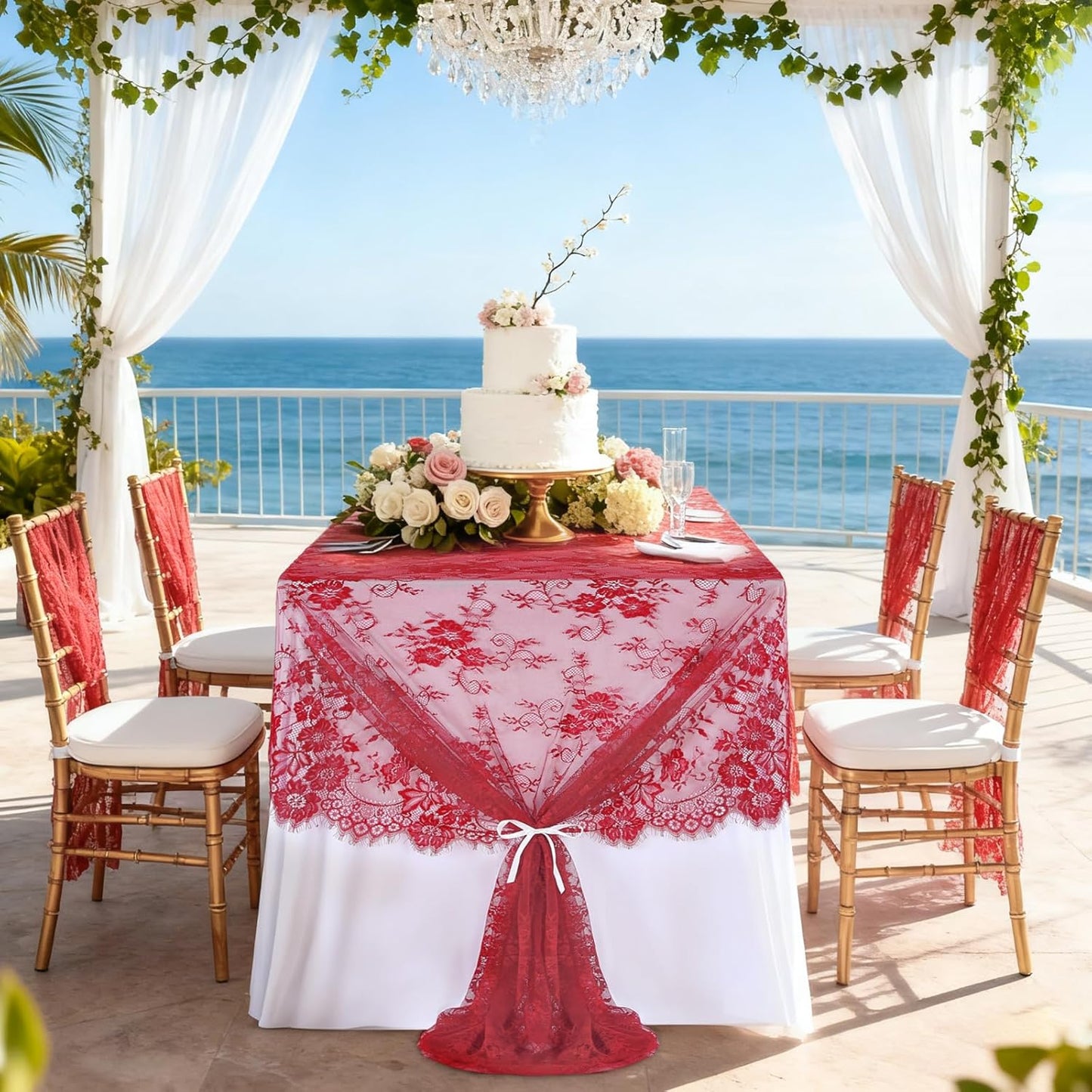 LuoluoHouse Christmas Lace Tablecloth 6pcs Rose Floral Table Fabric 60x120 Inch for Rustic Theme Party Wedding Decoration Rectangle Overlay Long Embroidered Reception Table Cloth Decor