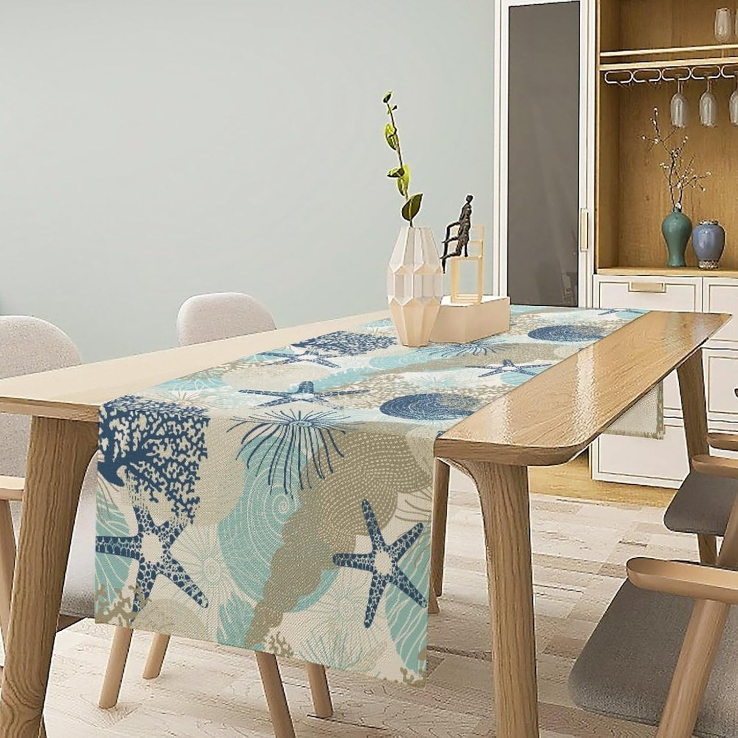 Nautical Coastal Table Runner，Ocean Themed Starfish Coral Conch Beach Kitchen Dinning Table Decoration for Indoor Outdoor Home Party Decor 13x108 Inch