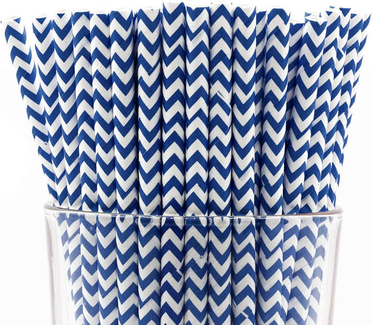 Pack of 150 Navy Blue Chevron Biodegradable 4-Ply Paper Drinking Straws (Compostable, Non-toxic, BPA-free)