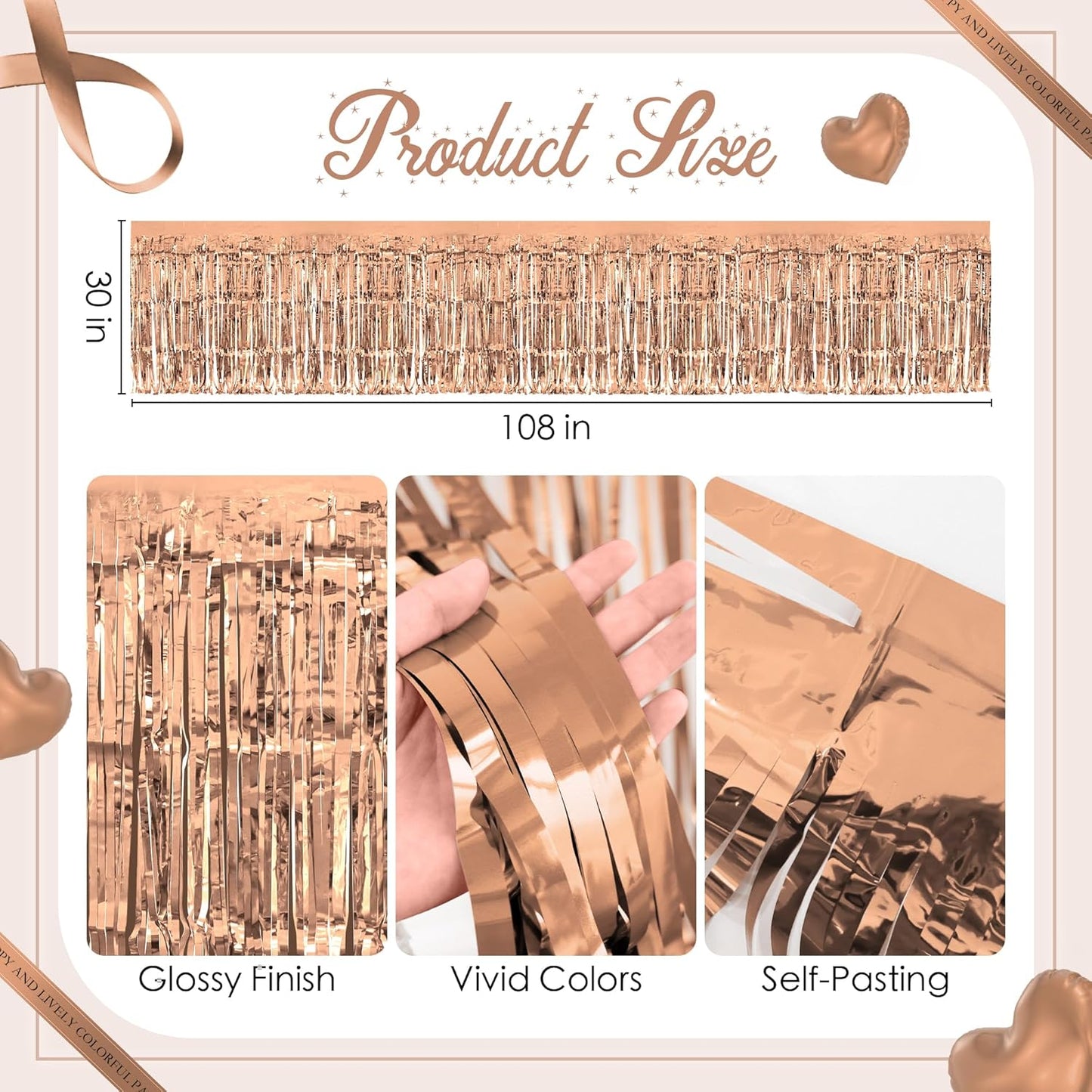 2 Pack Rose Gold Table Skirts, 29x108" Metallic Foil Tinsel Fringe Table Skirts for Rectangle Tables Streamer Curtains Backdrop, Party Decorations for Birthdays Weddings Holidays