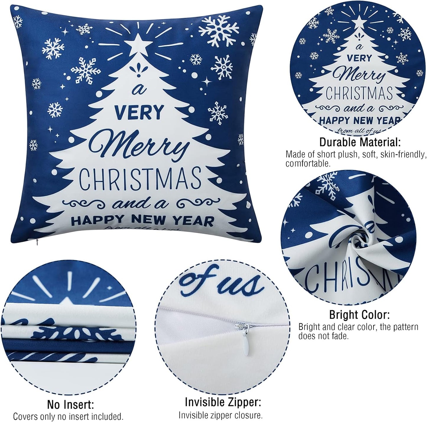 NANAN Christmas Pillow Covers 18X18 Inch Set of 4 Navy Blue Christmas Pillow Cases Snowflake Merry Christmas Holiday Pillowcases Xmas Trees Elk Deer Decorative