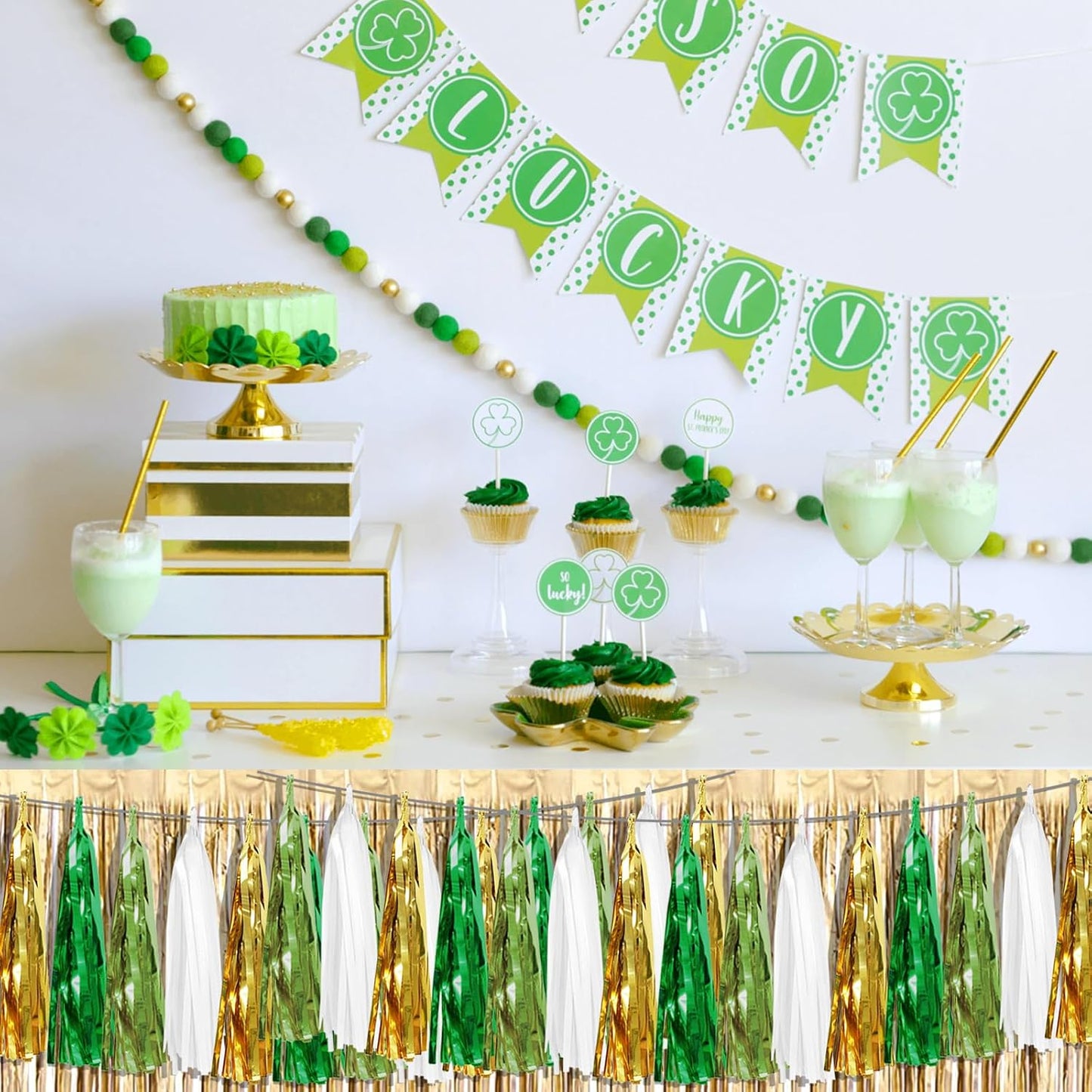 8P Sage-Green Beige-Mint Gold Foil Fringe Metallic Tassel Garland Banner, Tassels Banner Streamers for Parade Floats, Bachelorette, Wedding, Birthday, Christmas, Bridal/Baby Shower Party Decorations