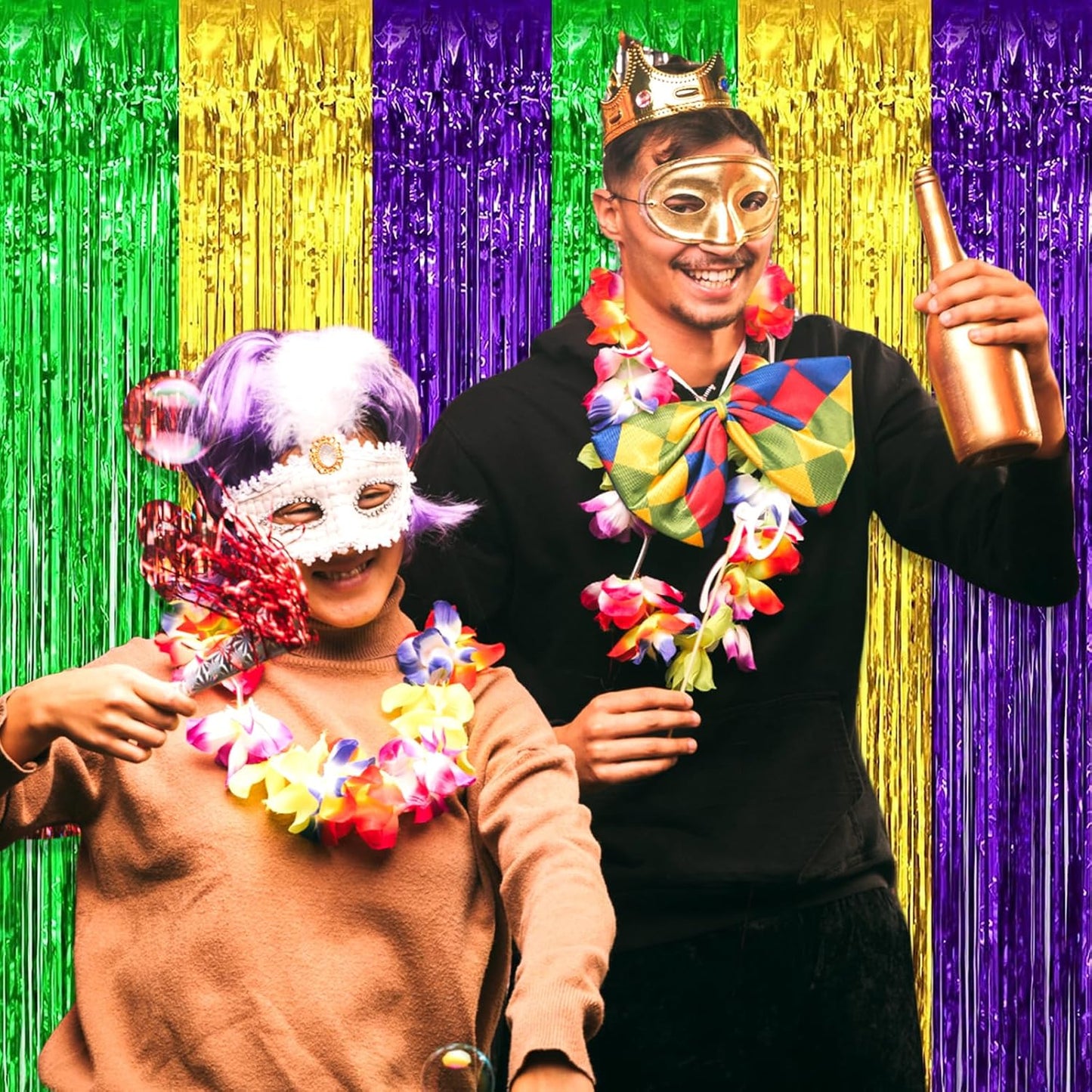 3 Pack Gold Green Purple Foil Fringe Curtain Backdrop, 3.28Ft x 8.2Ft Metallic Tinsel Foil Fringe Streamer Curtains for Photo Booth, Christmas Day, Thanksgiving, Wedding, New Year Party Decorations