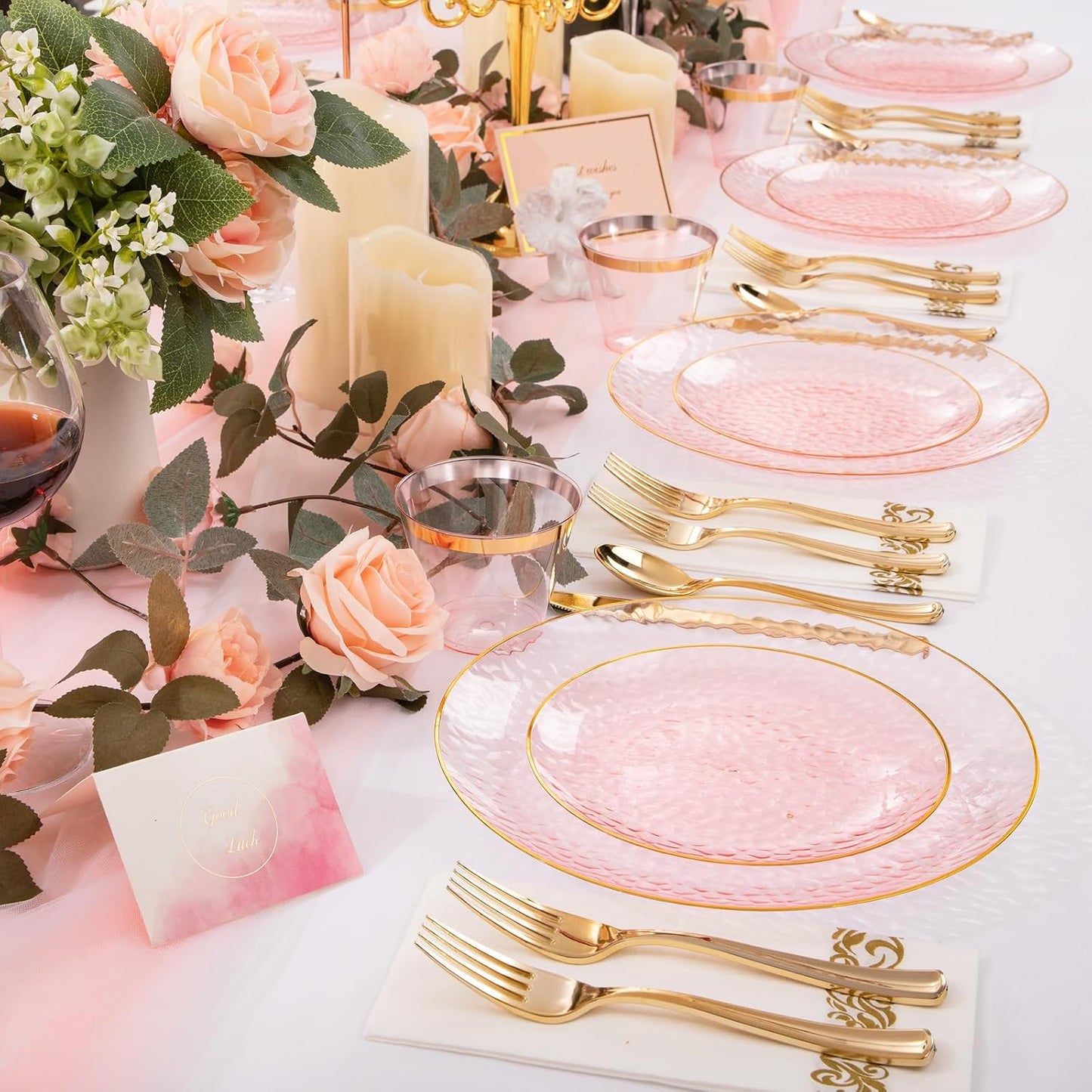 Rubtlamp 350 Pcs Clear Pink Plastic Plates, Pink Gold Plastic Dinnerware Set (50 Guests), Disposable Plates With Gold Rim, Hammered Party Plates Set for Wedding And Party