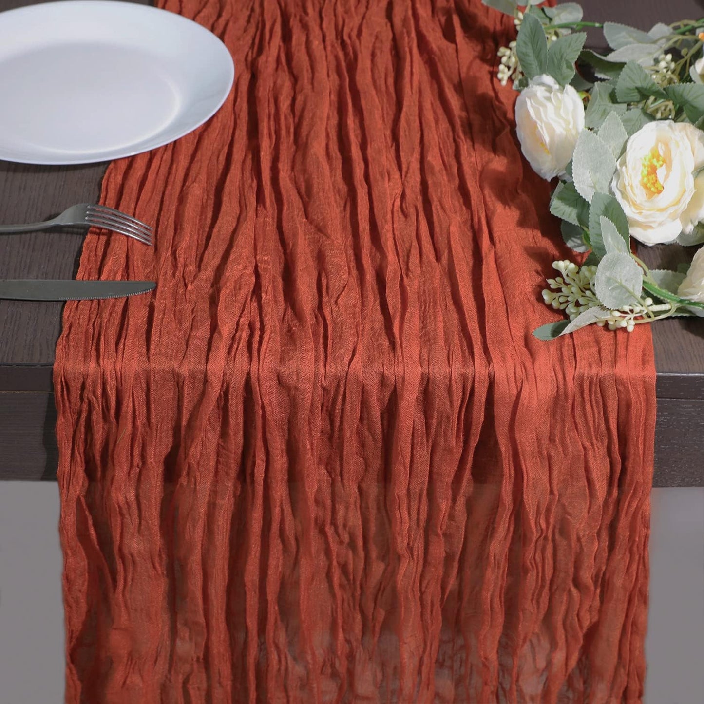 Snowkingdom 10 Ft Fall Table Runner Terracotta Cheesecloth, 120 inch Long Rust Burnt Orange Cheese Cloth Boho Gauze for Wedding Bridal Shower Rustic Sheer Thanksgiving Table Decorations