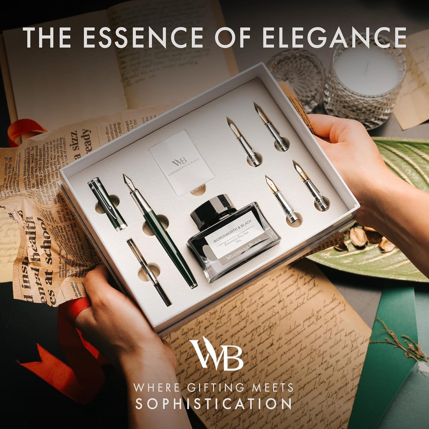 Wordsworth & Black Fountain Pen Gift Set, Includes Bottle, 6 Cartridges, Refill Converter, 4 Replacement Nibs, Premium Package, Journaling, Calligraphy, Smooth Writing Pens [Green Chrome]