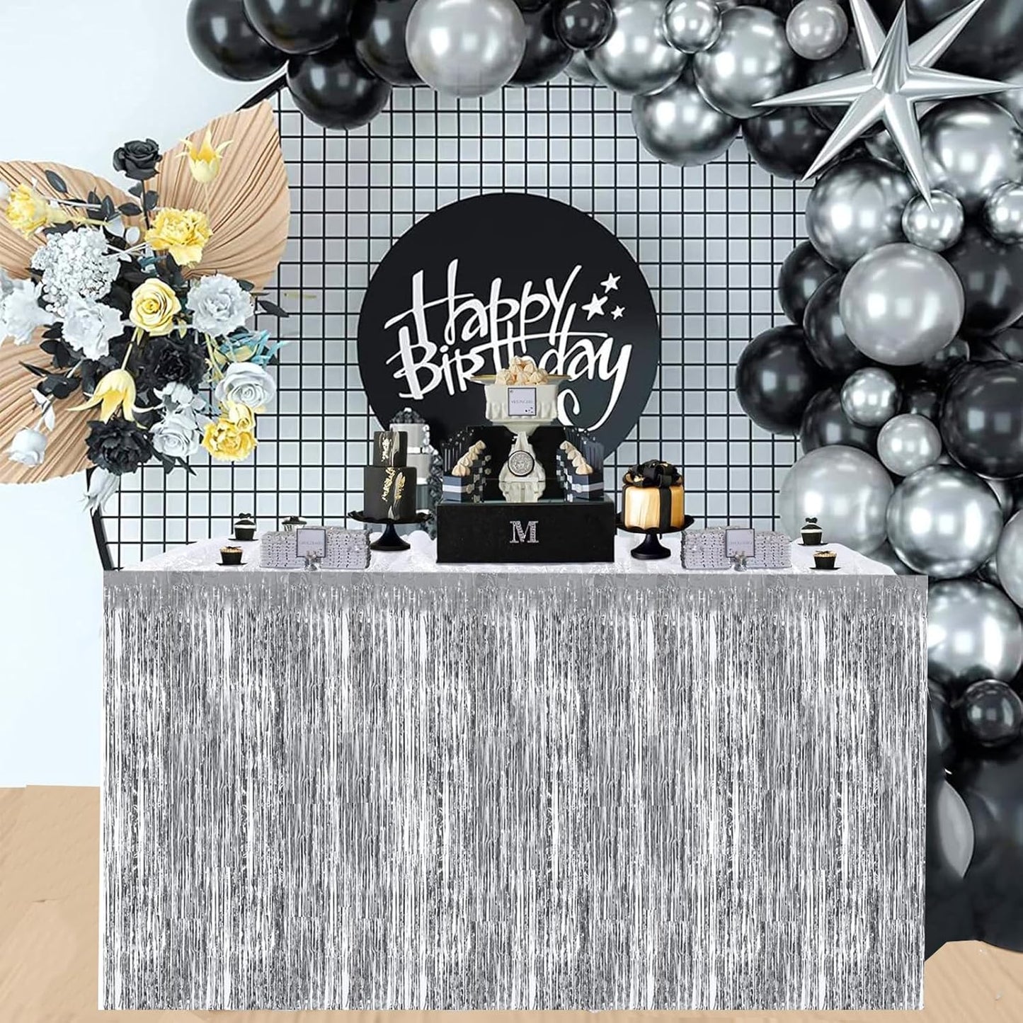 BEISHIDA 2 Pack Silver Table Skirts Party Decorations Metallic Tinsel Foil Fringe Table Skirts Table Decors for Rectangle and Round Table Birthday Holiday Party Cartoon Party