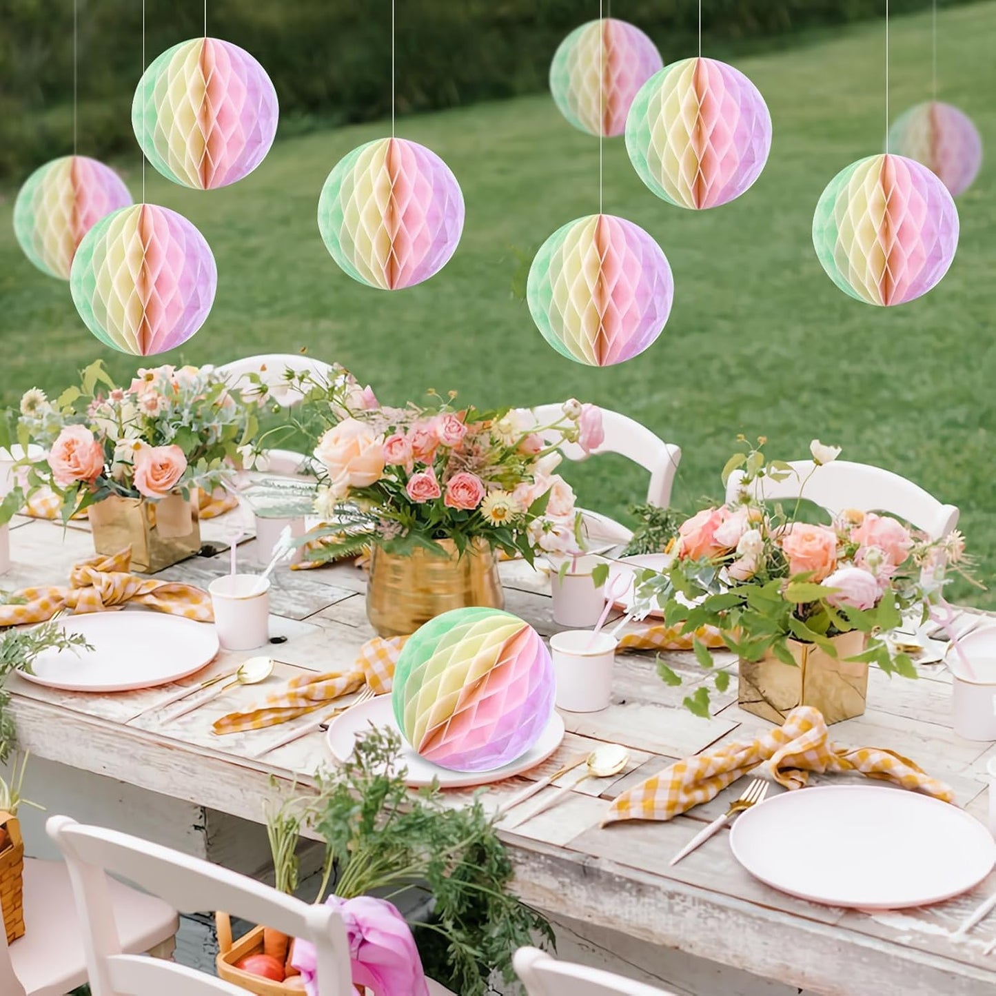 Pastel Hanging Honeycomb Ball, Rainbow Party Decorations，Pastel Birthday Party Decor for Macron Birthday Classroom Baby Shower Bridal Wedding Decor, Set of 9