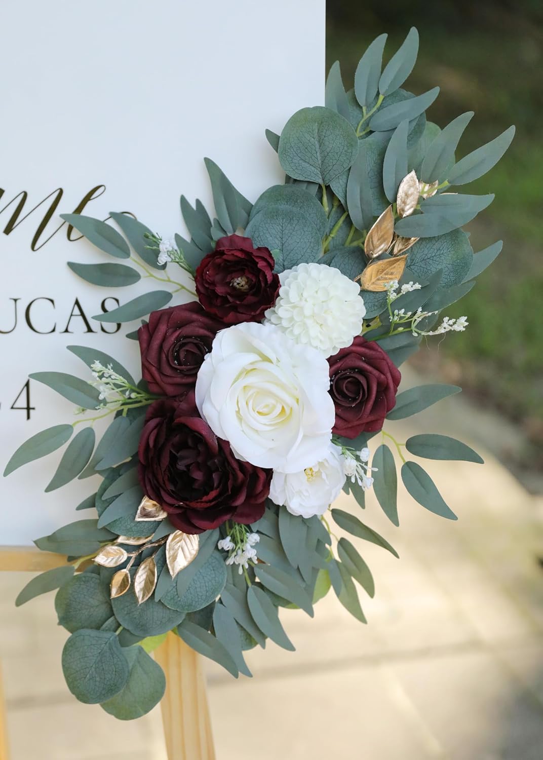 Artificial Burgundy Wedding Arch Flower Swags Set of 2 for Welcome Signs, Reception and Ceremony Decorations - Ivory Floral Decor