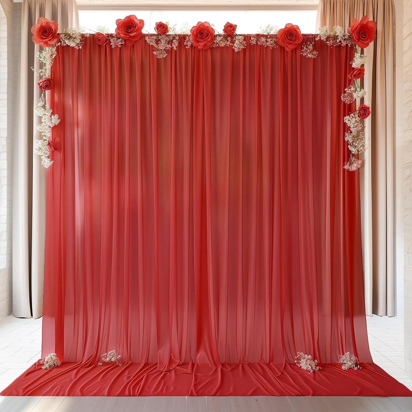 10ft x 10ft Red Backdrop Curtain Drapes, Wrinkle-Free Sheer Chiffon Fabric Photo Backdrop Panels for Wedding Arch Party Ceremony Stage Decoration