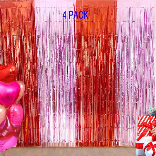 Valentines Backdrop Decorations - 4 Pack of 3.2x8.2ft Red Pink Foil Fringe Curtains Streamers Backdrop for Birthday Valentines Decor