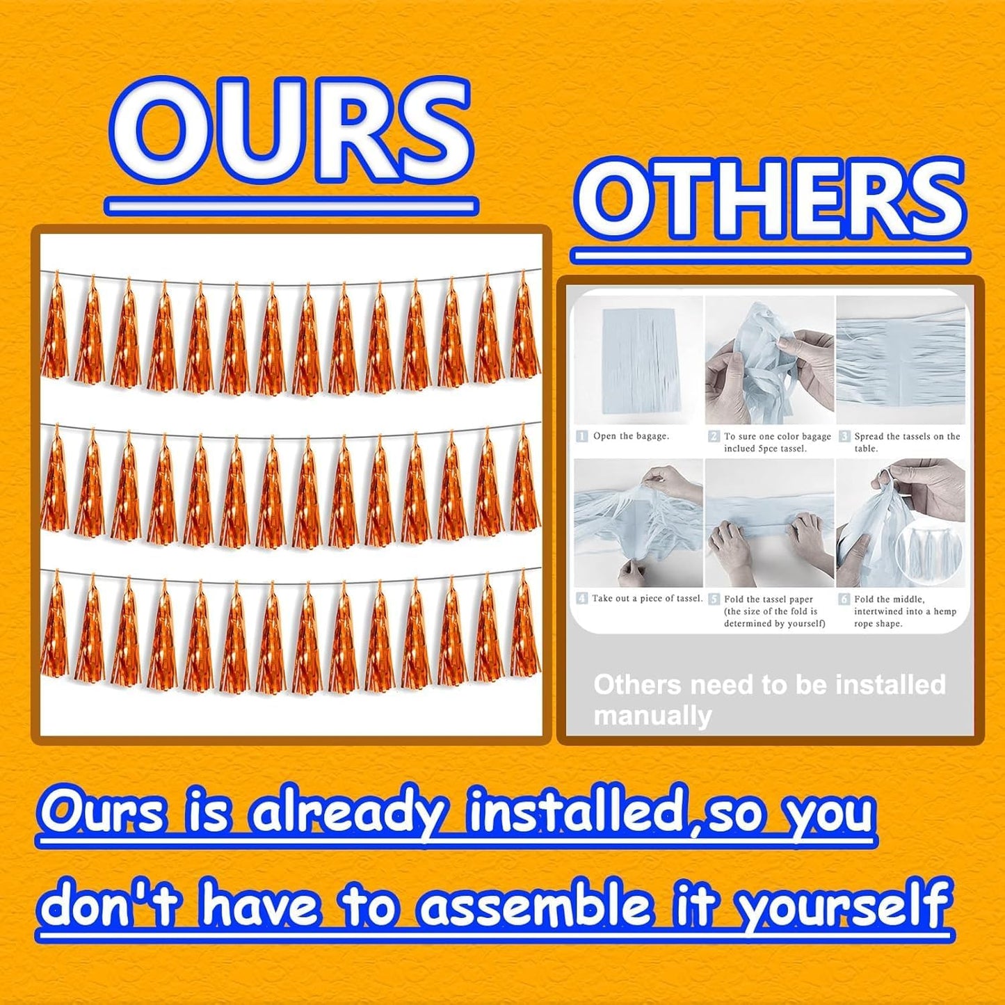 3P Metallic Fringe Tassel Banner Garland Foil Tinsel Streamer Wall Hanging Curtain Backdrop Banner for Parade Floats, Halloween Decorations, Christmas Day, Fall, Thanksgiving Party Decoration(Orange)