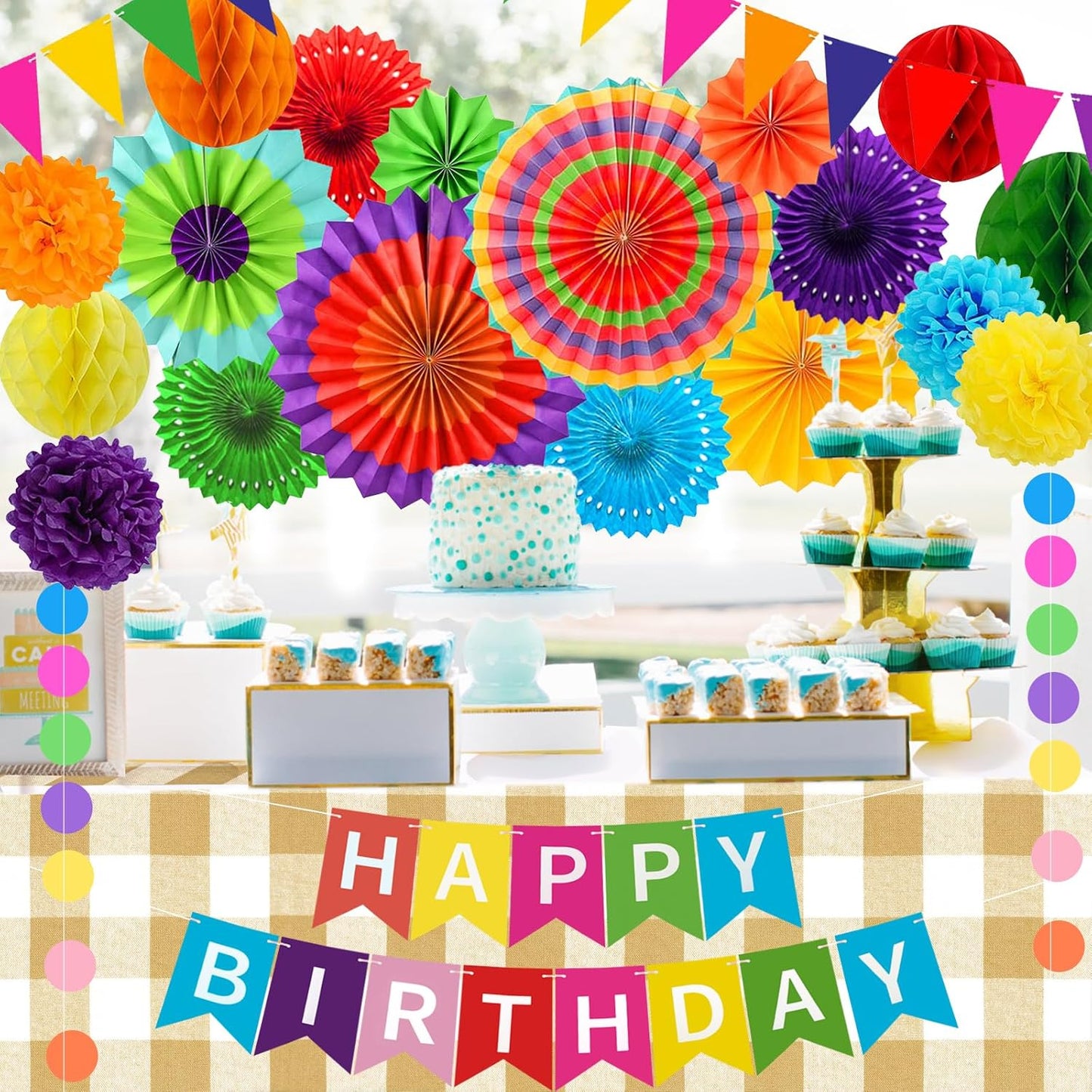 Colorful Birthday Decorations - Mexican Fiesta Party Decorations with Happy Birthday Banner, Paper Fans, Paper Pom Poms,Dots Garland, Pennant Banner, Honeycomb Balls Packs