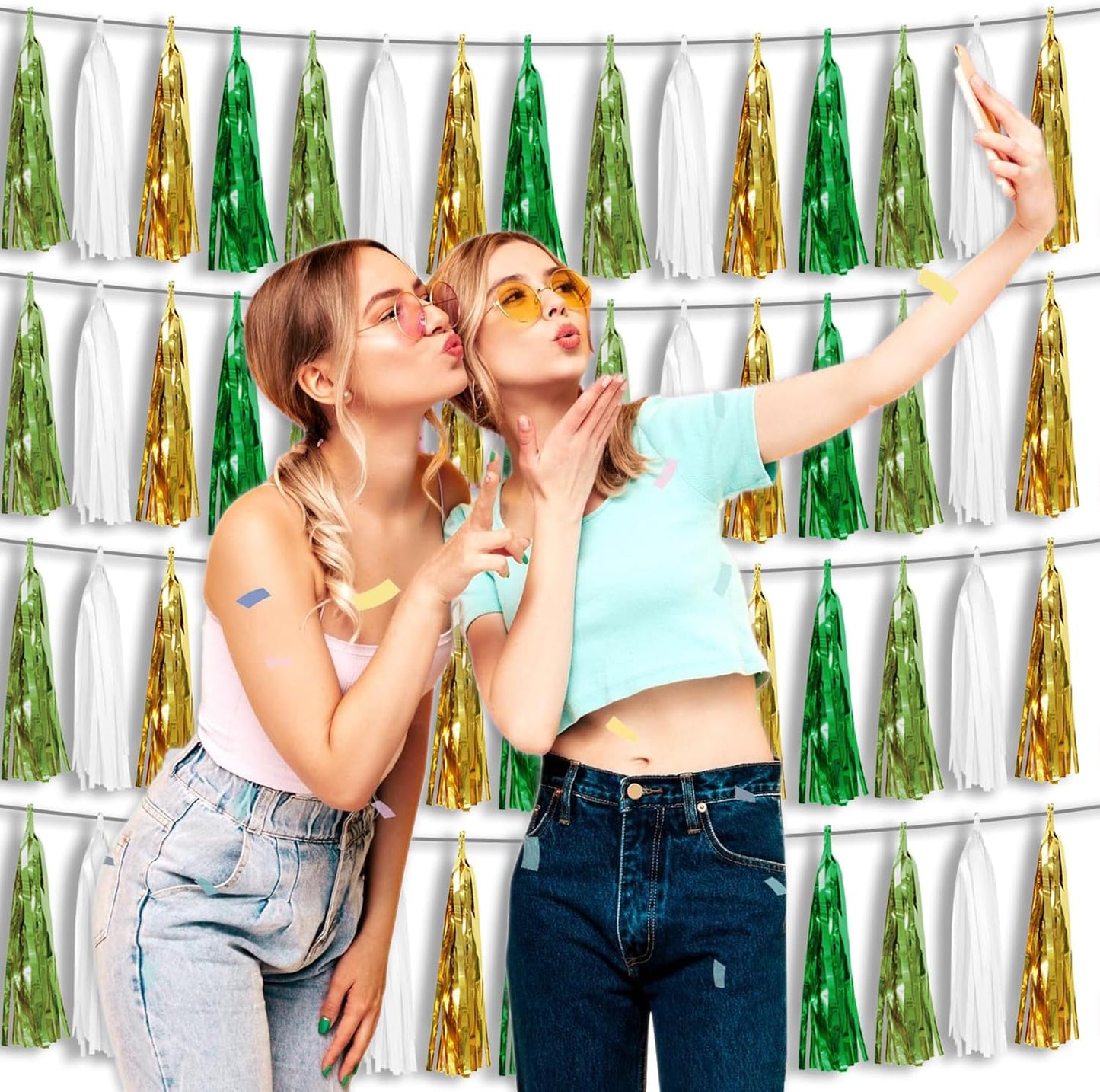 4P Sage-Green Gold Foil Fringe Tassel Banner Garland Metallic Tinsel Streamers Wall Hanging Curtain Backdrop Banners for Parade Floats, 2024 Graduation Decorations, Woodland Party Decoration