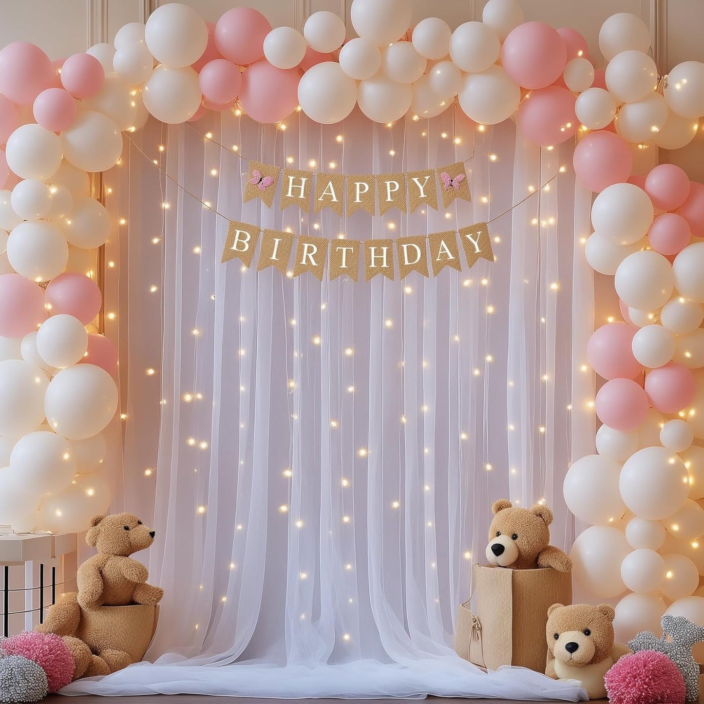 20x10ft White Tulle Backdrop Curtains with Lights for Party Wedding Baby Shower, Sheer Wrinkle Free Backdrop Curtains for Birthday Party Photo Booth Background Decoration