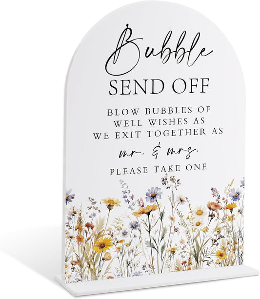Wedding Signs for Ceremony and Reception, Boho Floral Acrylic Bubble Send Off Sign, Wedding Signage with Stand, Bridal Shower Table Centerpieces, Supplies for Engagement Reception and Event Party, 29