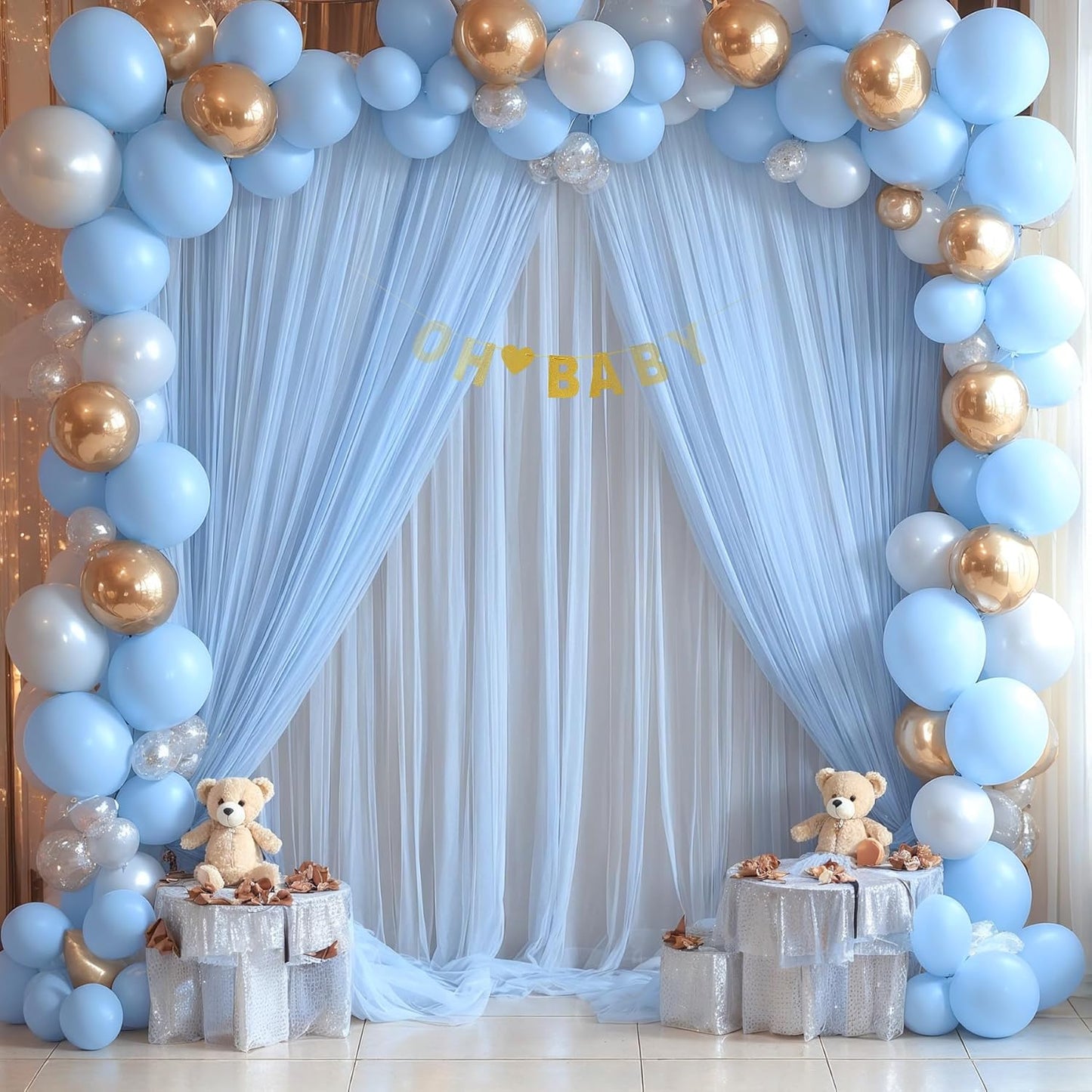 Baby Blue Sheer Backdrop Curtains for Baby Shower Boys Birthday Party Wedding 2 Panels 5 ft X 10 ft Baby Blue Tulle Backdrop Curtains for Party Photoshoot Background Decorations