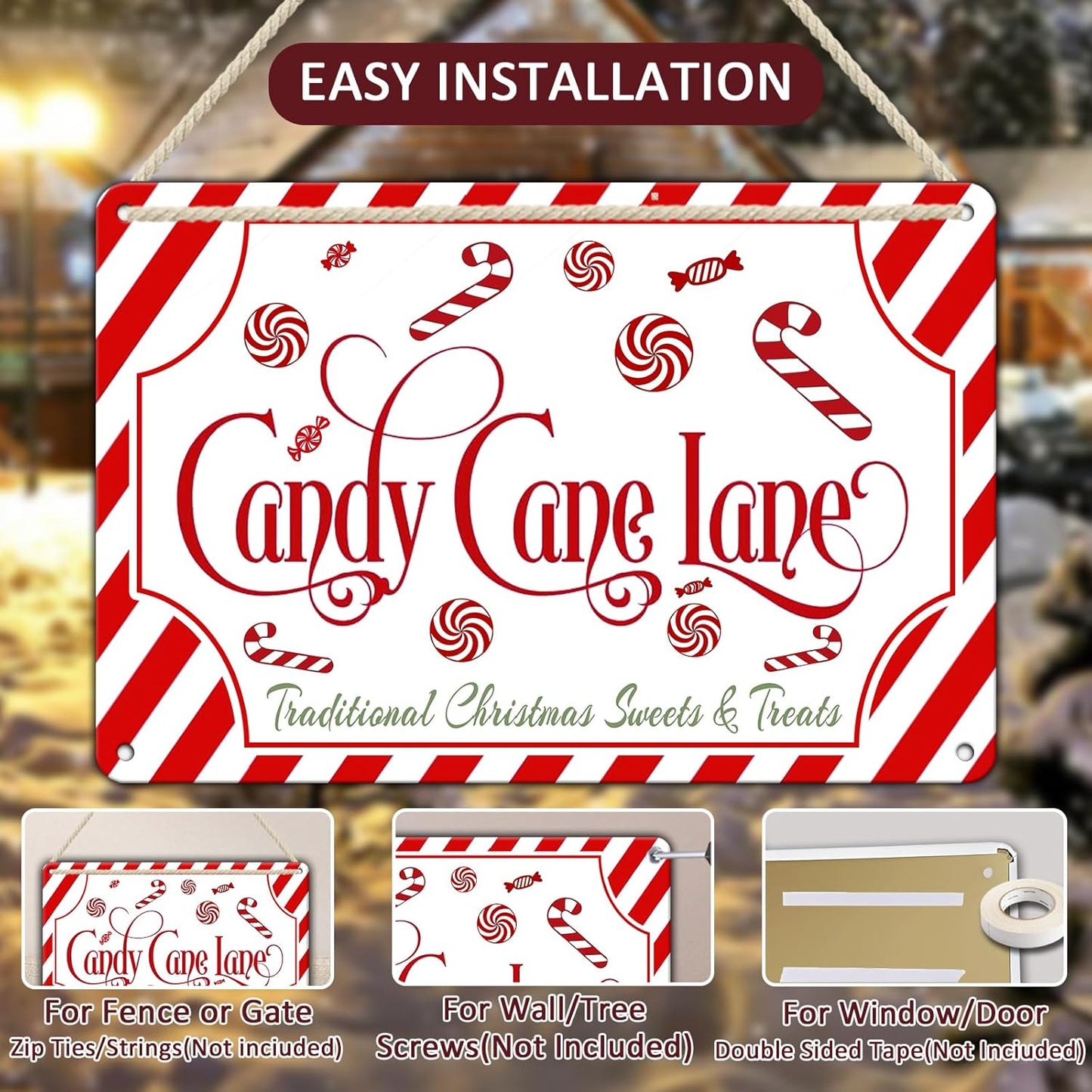 Christmas Candy Cane Lane Metal Tin Sign Traditional Christmas Sweets and Treats Winter Sign for Home Living Room Outdoor or Indoor Wall Decor Gift Christmas Candy Cane Lollipop 8x12Inch