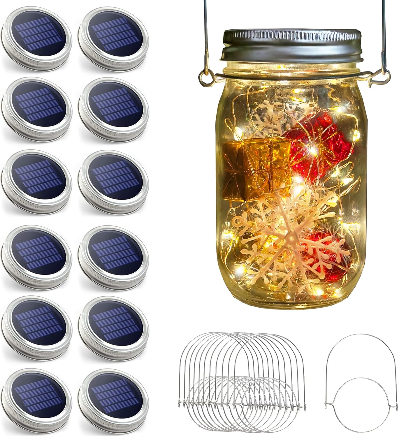 Urvoix Solar Mason Jar Lights - 12 Pack 30 Led Waterproof Jar Lids String Lights with 12 Handle, Perfect for Outdoor Garden Backyard Decorations