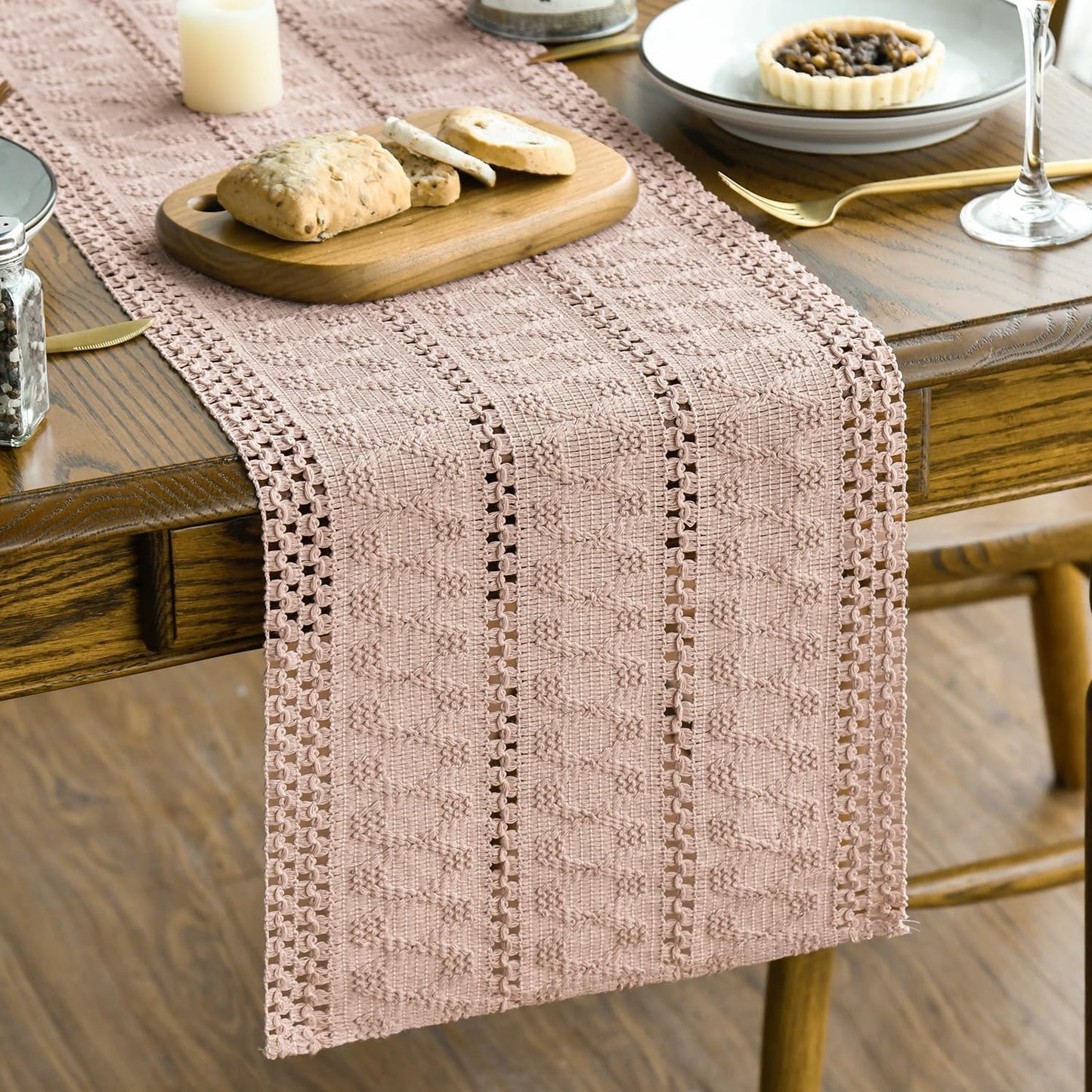 Artoid Mode Pink Farmhouse Woven Rustic Hollow Table Runner, Seasonal Holiday Hollow Kitchen Dining Table Decoration for Home Party Decor 12x120 Inch
