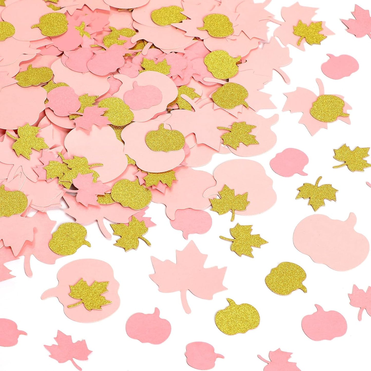MARFOREVER 350 Pcs Fall Thanksgiving Pink and Gold Pumpkin Maple Leaf Confetti, Little Pumpkin Baby Shower Glitter Confetti Thanksgiving Table Decorations for Autumn Birthday Party Supplies