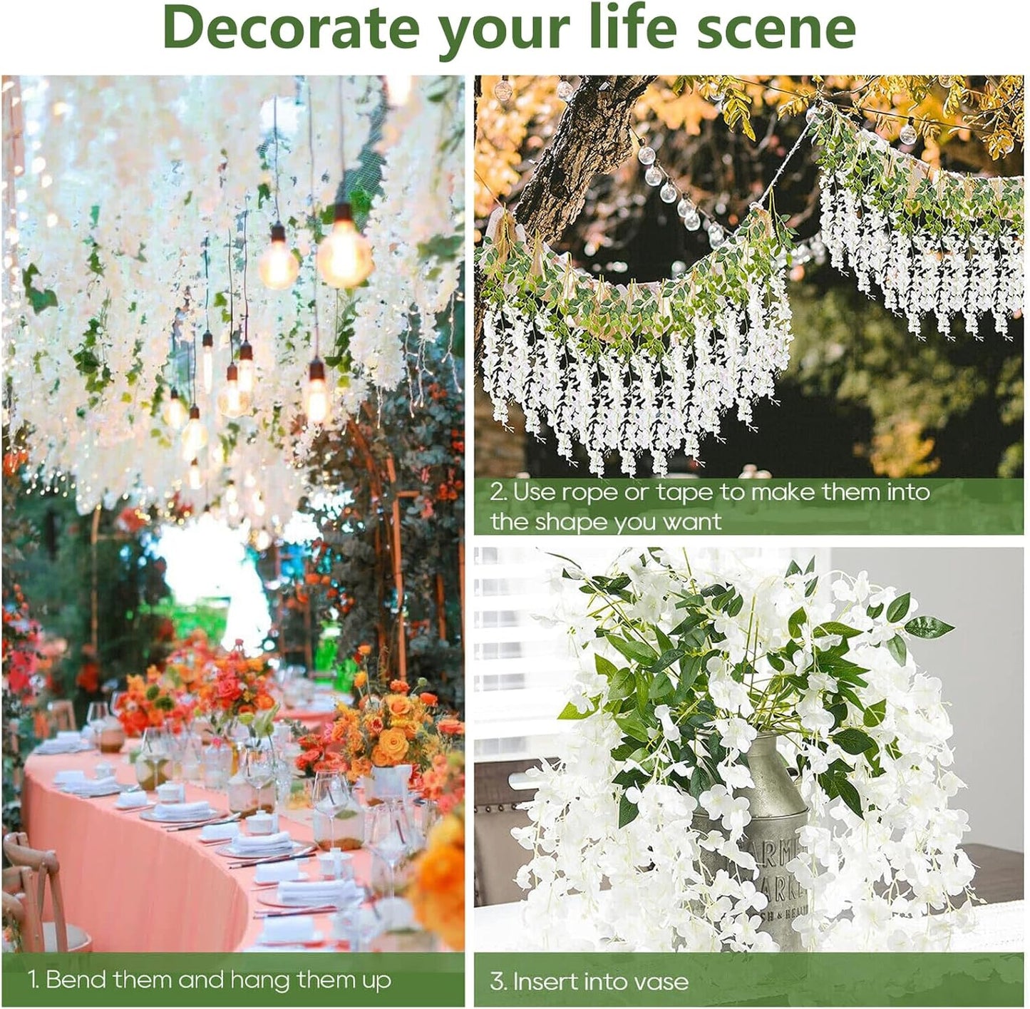 12 Pack White Wisteria Hanging Flowers, 3.44 Ft Fake Hanging Flowers, Artificial Wisteria Garland Vines for Wedding Room Backdrop Outdoor Patio Garden Decoration