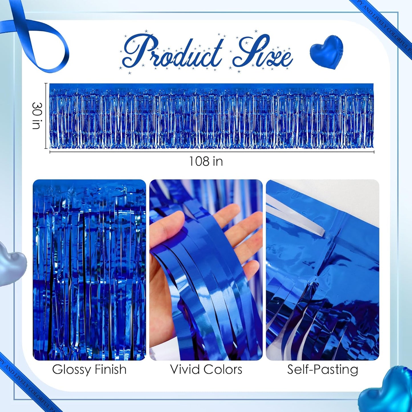 3 Pack Blue Series Table Skirts, 29x108" Metallic Foil Tinsel Fringe Table Skirt for Rectangle Tables Streamer Curtains Backdrop, Party Decorations for Birthdays, Weddings, Holidays