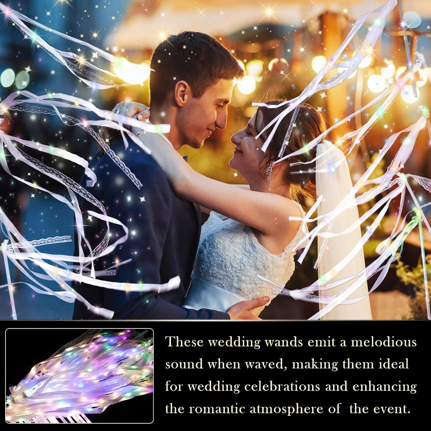 100 Pieces Light up Wedding Wands with Ribbons & Bells –LED Silk Wedd Fairy Wands Streamers with Warm White & Colorful Lights for Wedding Send Off Ideas, Parties, and Celebrations