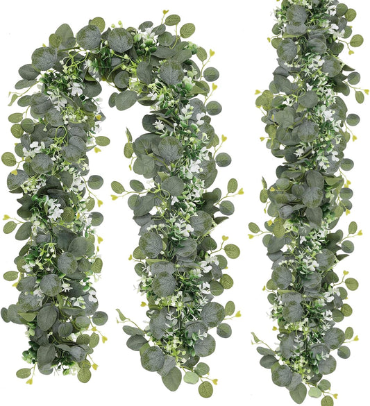 N&T NIETING 2 Pack Artificial Eucalyptus Garland with Flowers, Faux Greenery Garland Decor 6FT Eucalyptus Vines, Fake Hanging Vines Summer Garlands for Mantle Wedding Backdrop Decorations