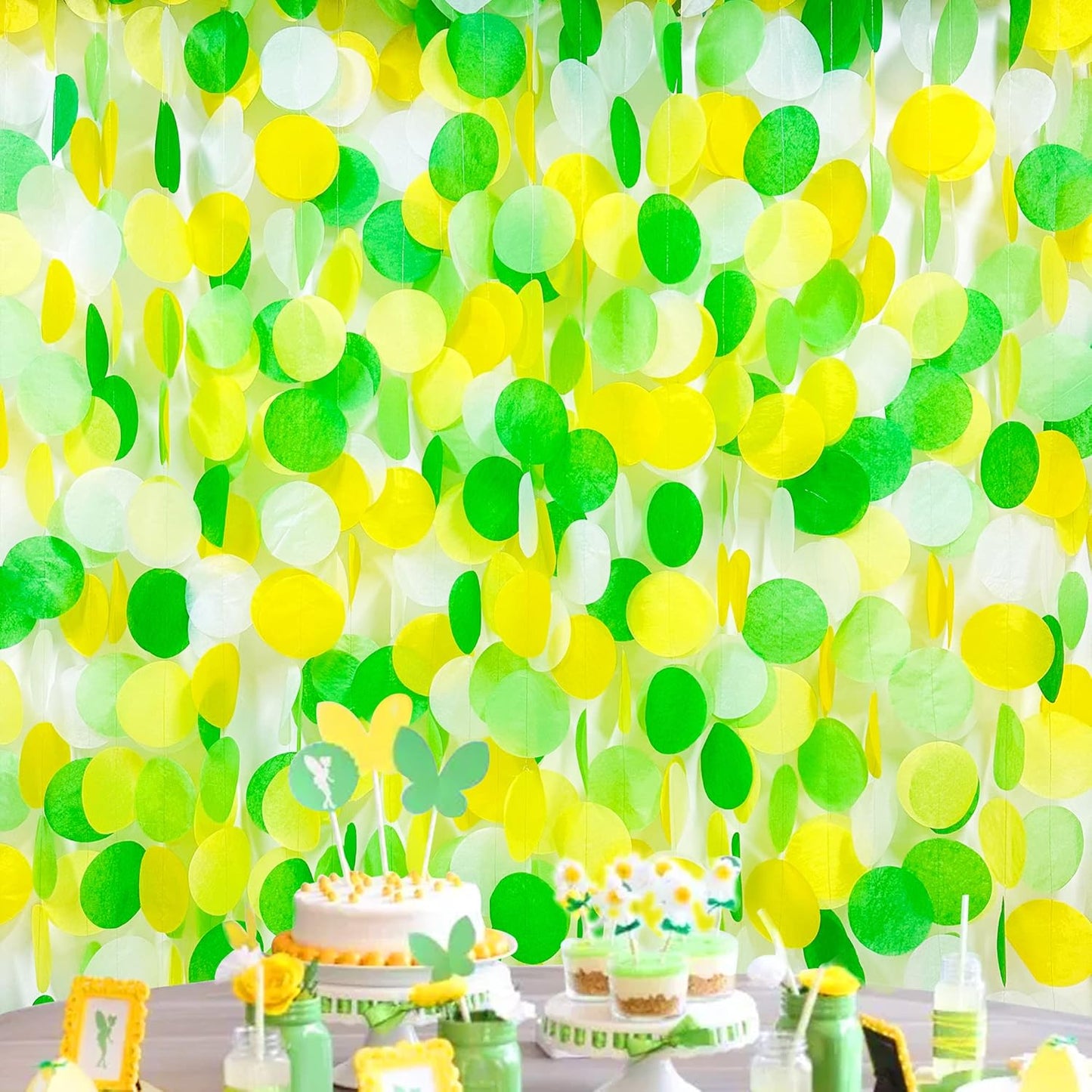 192Ft Yellow and Green Party Decorations Big Circle Dot Backdrop Garland Tissue Paper Polka Dots Hanging Curtain Streamer for Spring Summer Birthday Engagement Wedding Bridal Shower Tea Party Supplies