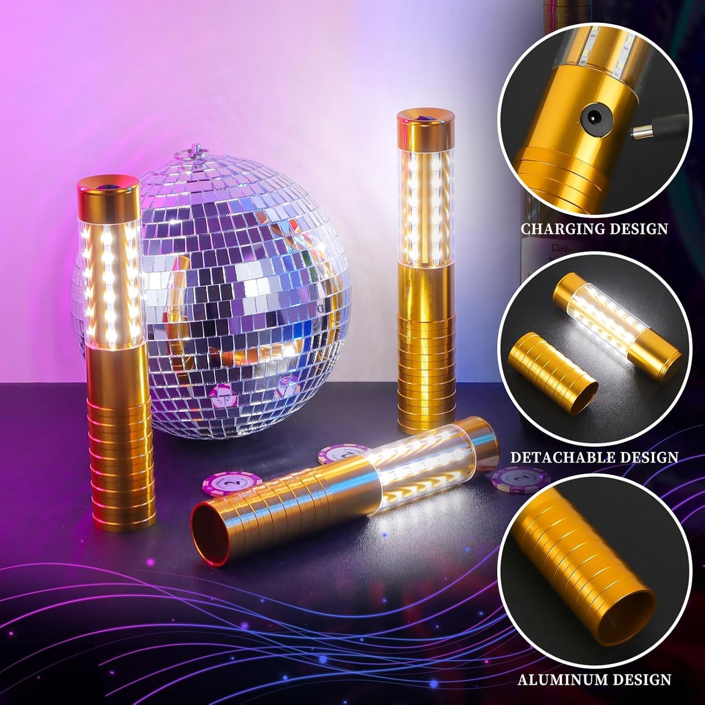 6 Pieces LED Strobe Baton Light Rechargeable Bottle Service Sparklers Stick Reusable Champagne Bottle Handheld LED for Club Stage Nightclub Party Concert Event Bar Outdoor - Gold