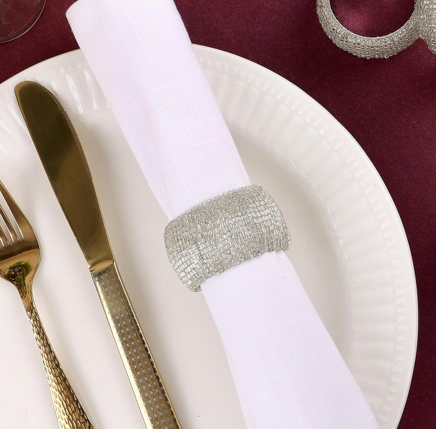 12 Pcs Beaded Napkin Rings - Rhinestone Napkin Buckles Glossy Napkin Bling Round Holders for Easter Holiday Wedding Banquet Home Party Dining Table Decoration (Silver) - CLEENTABLE