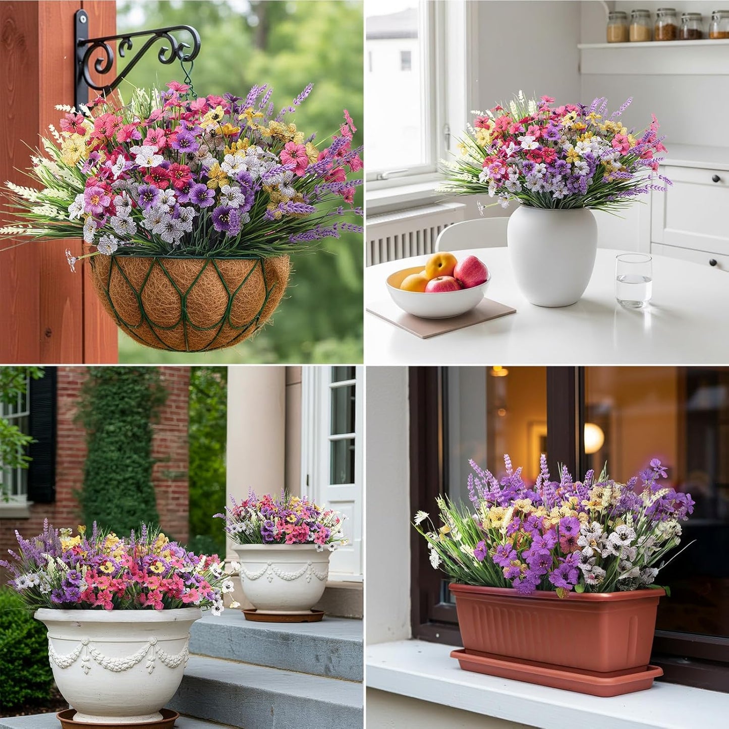 Artificial Flowers for Outdoors 24 Bundles, UV Resistant Colorful Fake Silk Flower Outdoor Planter Garden Decor Indoor Decorations