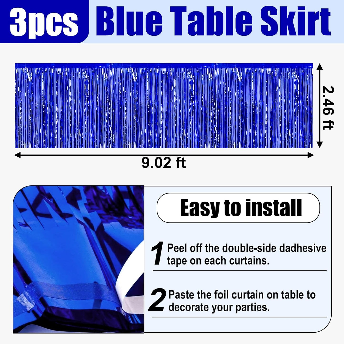 3 Pack 29x108 Inch Blue Foil Fringe Table Skirts Metallic Banner for Tinsel Streamer Garland Backdrop for Parade Floats Wedding Thanksgiving Birthday Christmas Halloween Party Decoration