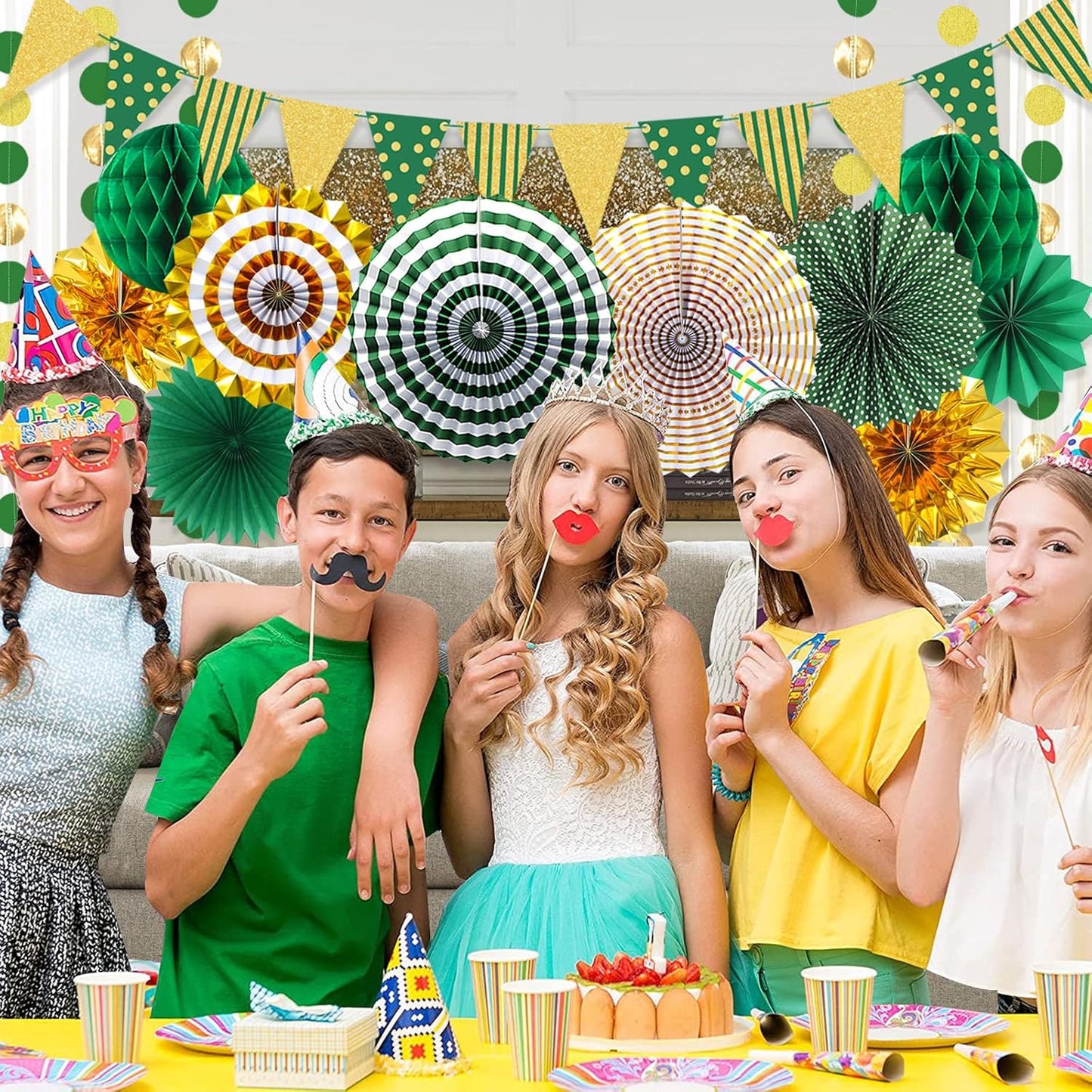 Paper Fans Party Decorations Glitter Paper Triangle Flag Pennant Banner Tassel Garland Circle Banners Party Supplies for Bachelorette, Birthday, Engagement Wedding, Baby Bridal Shower Green Gold