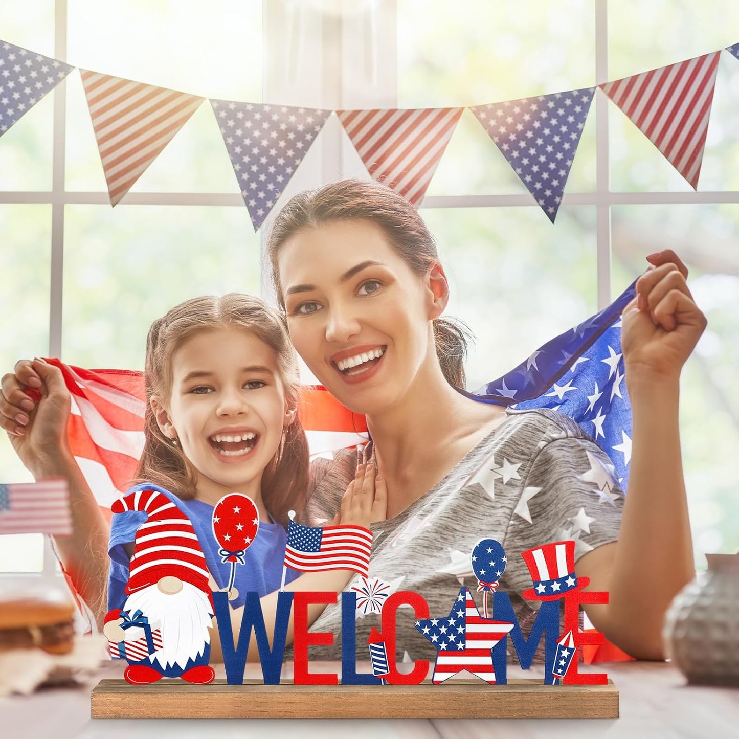 Patriotic/ 4th of July Metal Sign Rustic Table Decor Holiday Tiered Tray Decor with Wooden Base Freestanding Metal Word Sign for Home Tabletop Centerpiece Mantel Shelf Fireplace