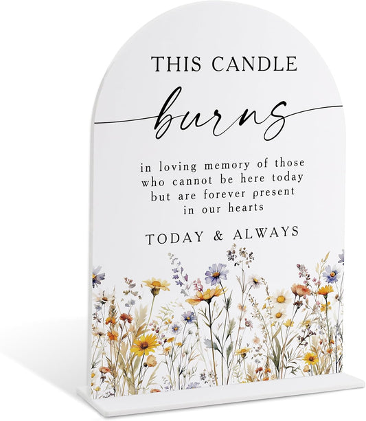 Memorial Table Sign for Wedding, Boho Floral This Candle Burns in Loving Memory Sign, Wedding Signage with Stand, Bridal Shower Table Centerpieces, Supplies for Engagement Reception and Event, 39