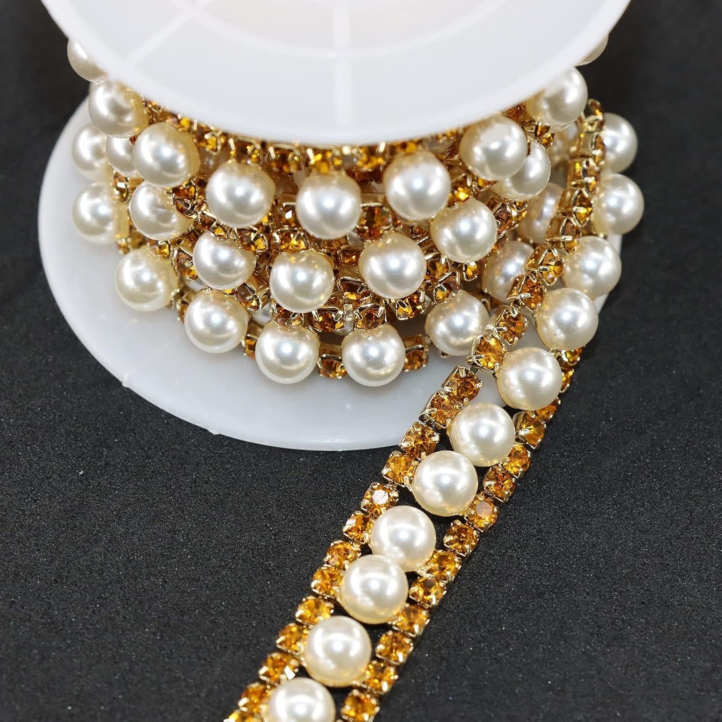Jerler Gold Rhinestone Trim Applique 1 Yard 2 Rows Crystal Chain Banding Diamond Inlaid White Pearl Beaded Rhinestones for Crafts Clothing and Bridal Embellishments Wedding Ideas Christmas Decorations