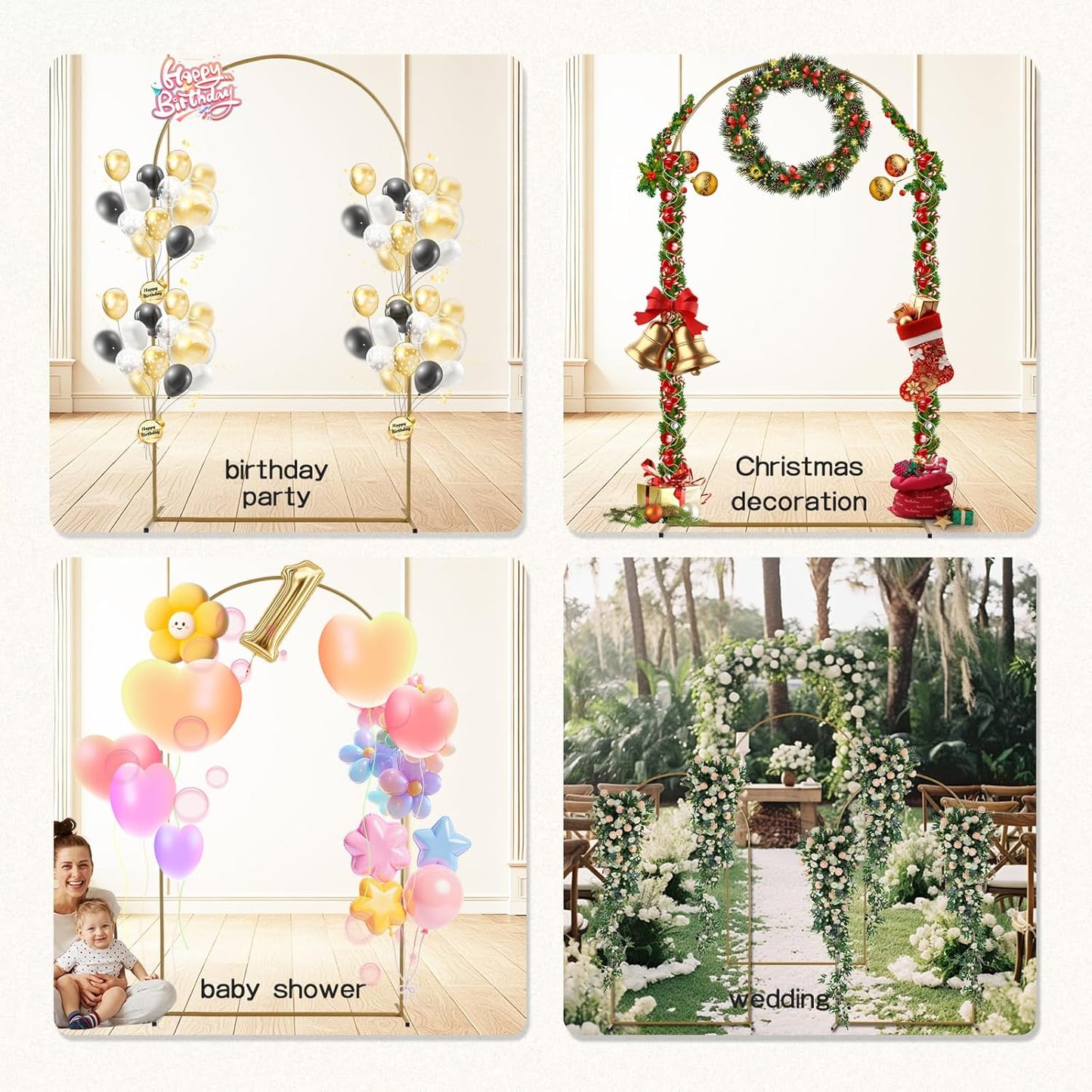 3-Pack Metal Arch Backdrop Stand Set (6/6.6/7.2FT) Heavy Duty Rust-Proof Wedding Decoration Frame with Crossbar Base for Party, Photo Booth, Balloon & Flowers Decor (Gold, 6FT,6.6FT,7.2FT)