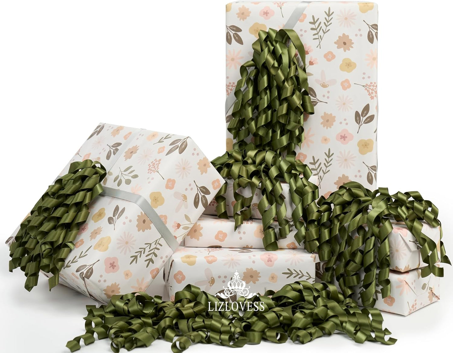 6 Inch Moss Curly Bows for Gift Wrapping Set of 6, Self Adhesive Bows Olive Green Gift Bows for Presents, Satin Ribbon Bows for Birthday, Wedding, Christmas, Bridal Shower