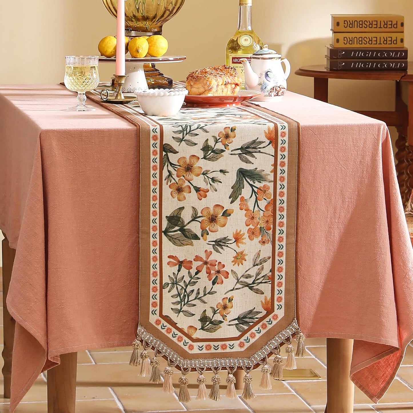 Vintage Linen Table Runner,Floral Table Runners 87 Inches Long,Soft and Luxury Coffee Table Runners.Decoration Tabletop for Kitchen,Dining,Party,Home,Christmas,12"*87"