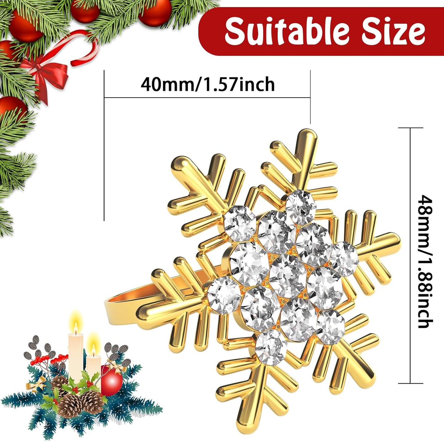 Halatool Christmas Napkin Rings Set of 12, Gold Snowflake with White Rhinestone Napkin Holder for Christmas Thanksgiving Winter Holiday Place Setting, Weddings, Party Table Decoration