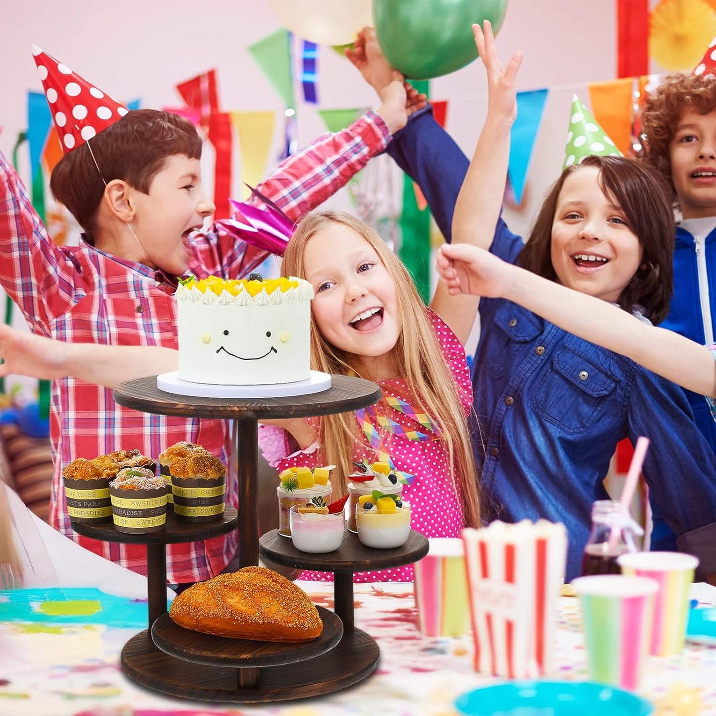 4 Tier Round Cupcake Tower Stand, Wooden Rotatable Cupcake Stand for 50 Cupcakes 360° Whirling Large Dessert Display Tiered Rustic Cake Tower for Wedding Birthday Graduation Baby Shower Tea Party