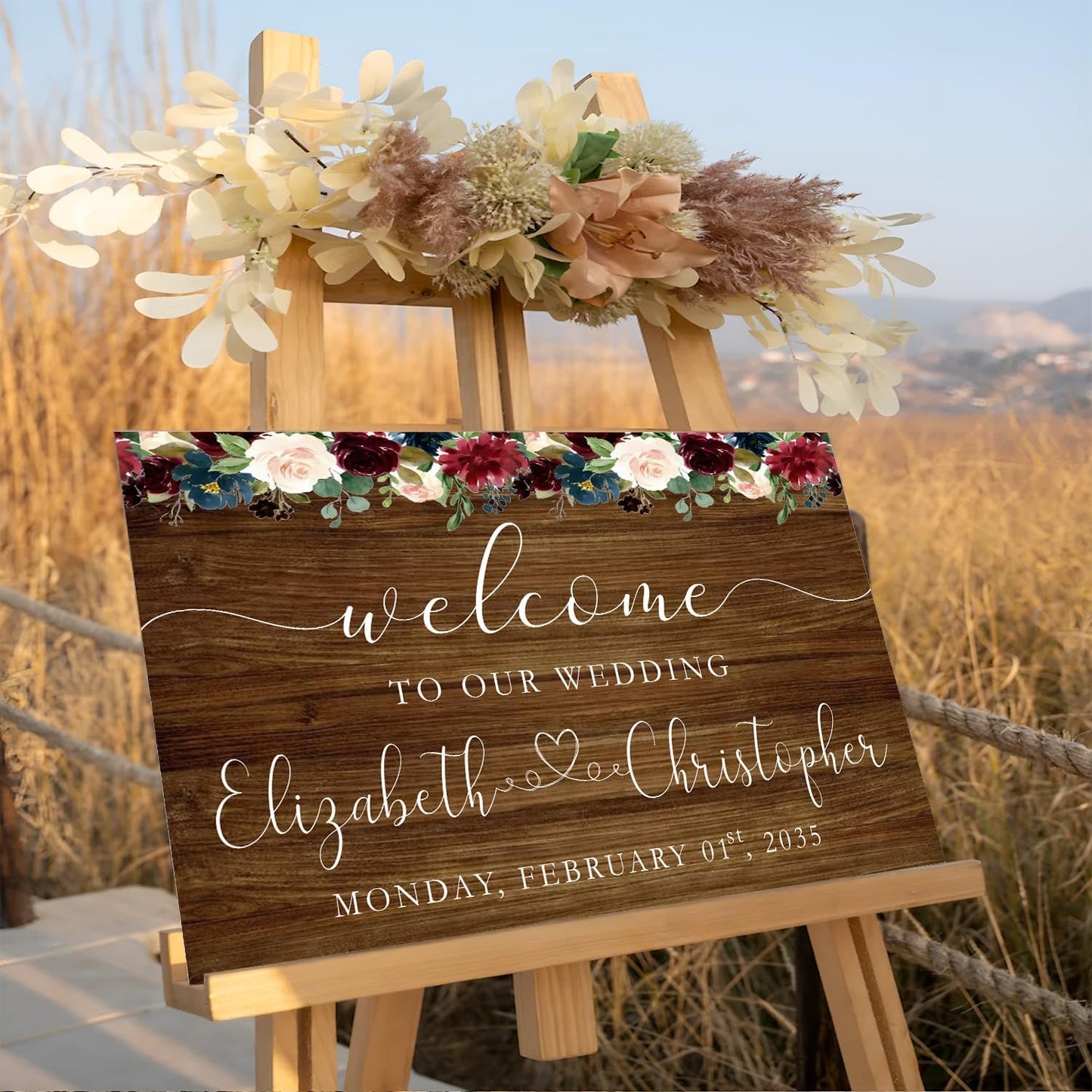 Welcome Sign With Stand - Our Forever Sign In Board, Rustic Decorations for Wedding Ceremony, Decorative Signage