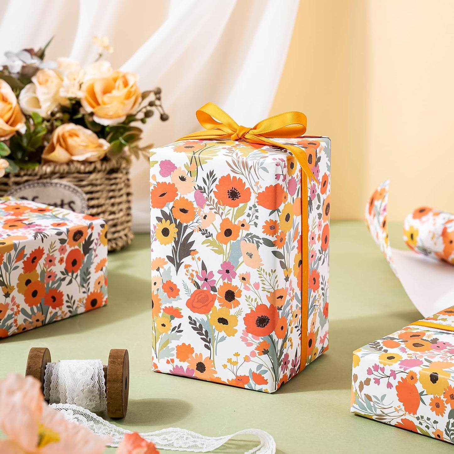 WRAPAHOLIC Kraft Floral Wrapping Paper Roll - Mini Roll - 17 Inch x 16.5 Feet - Bright Summer Flower Wrapping Paper, Perfect for Wedding, Birthday, Bridal Shower, Tea Party