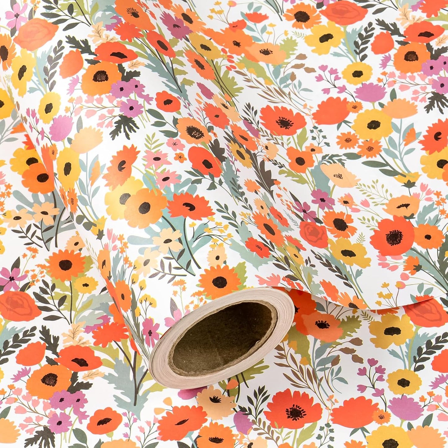 WRAPAHOLIC Kraft Floral Wrapping Paper Roll - Mini Roll - 17 Inch x 9.8 Feet - Bright Summer Flower Wrapping Paper, Perfect for Wedding, Birthday, Bridal Shower, Tea Party