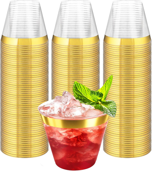 100Counts 9 OZ. Disposable Cups Old fashioned Party Tumblers, 9 Ounce Squat Cups Gold Rimmed Hard Plastic Party Wedding Cups with Gold Rim