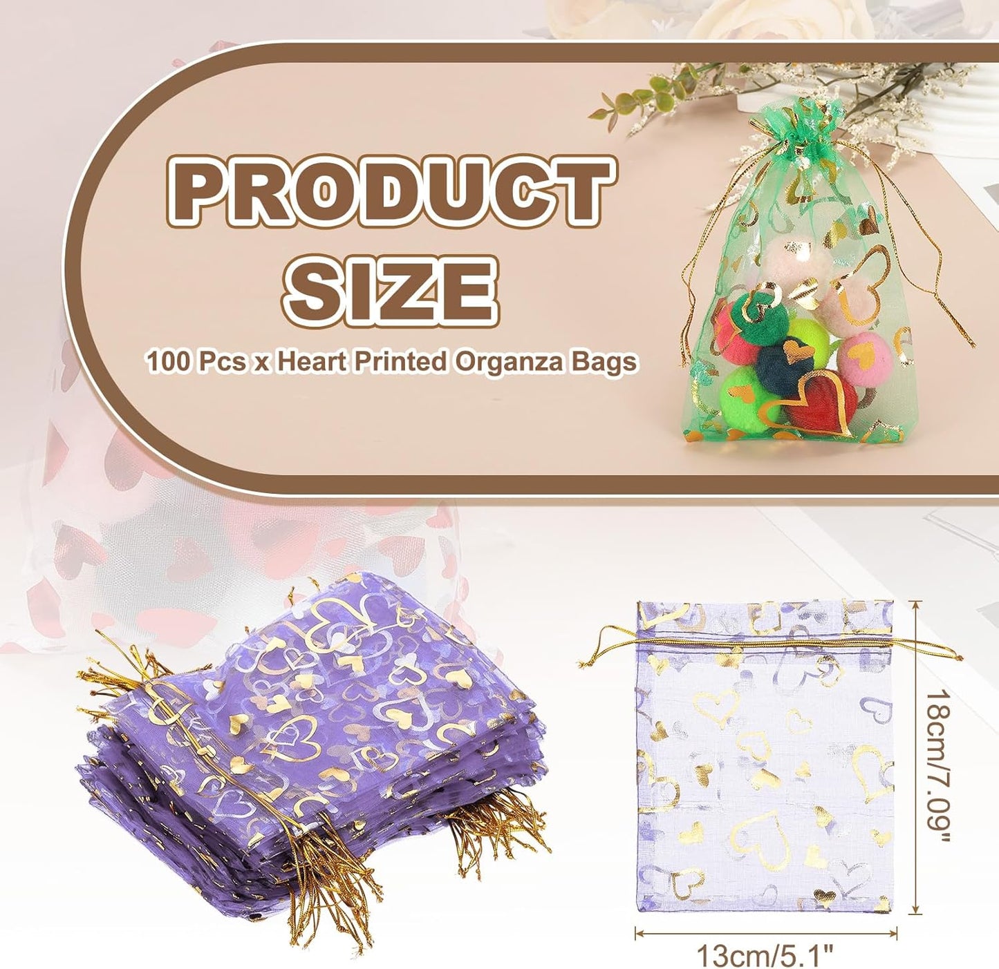 PATIKIL 100 Pcs 5x7 Inch Heart Printed Organza Bags, Purple Sheer Heart Organza Bags with Drawstring for Christmas Candy Jewelry Party Wedding Favor Gift